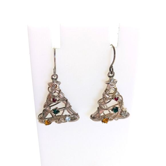 Unbranded Jewelry - Vintage Silver Tone Wire Wrapped Multi Color Rhinestone Christmas Tree Earrings